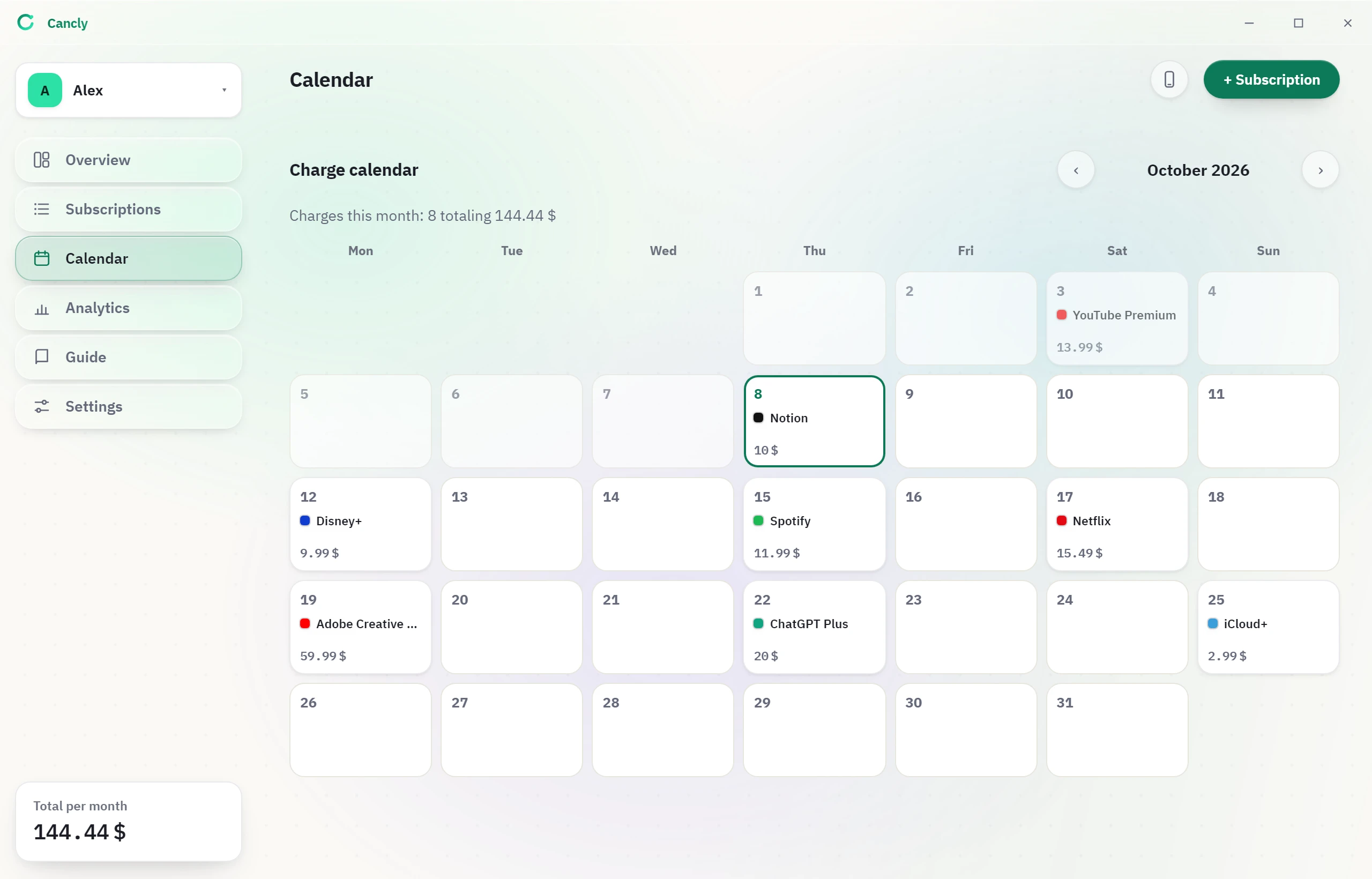 Cancly calendar with every charge marked on its billing day