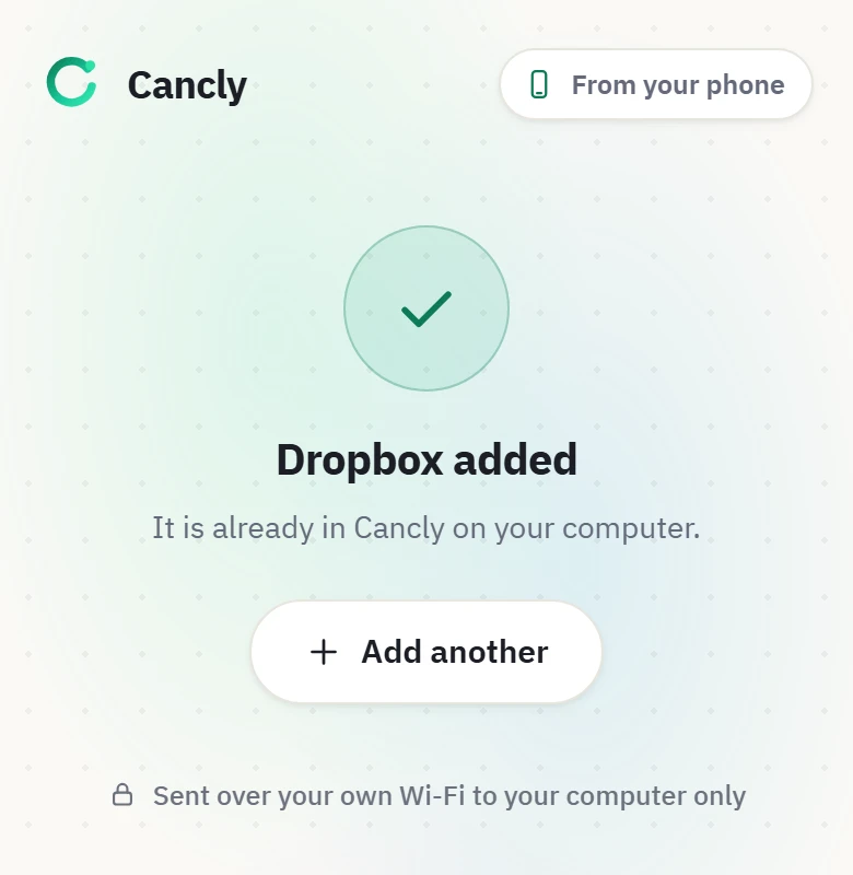 The phone confirms the subscription was added and is already in Cancly on the computer