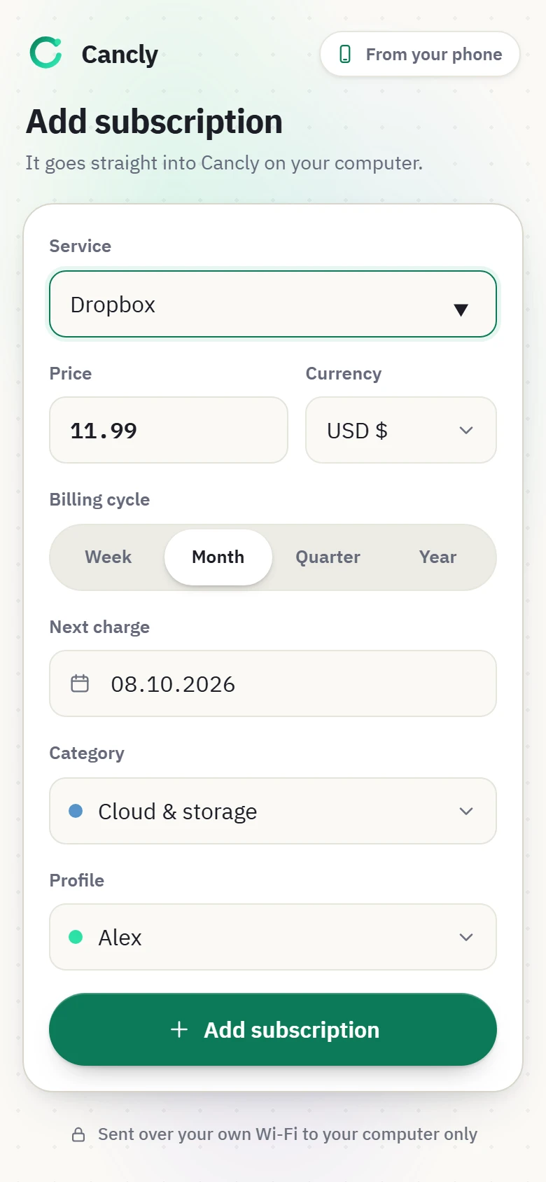 The page that opens on the phone: a subscription form with service, price, billing cycle, category and profile