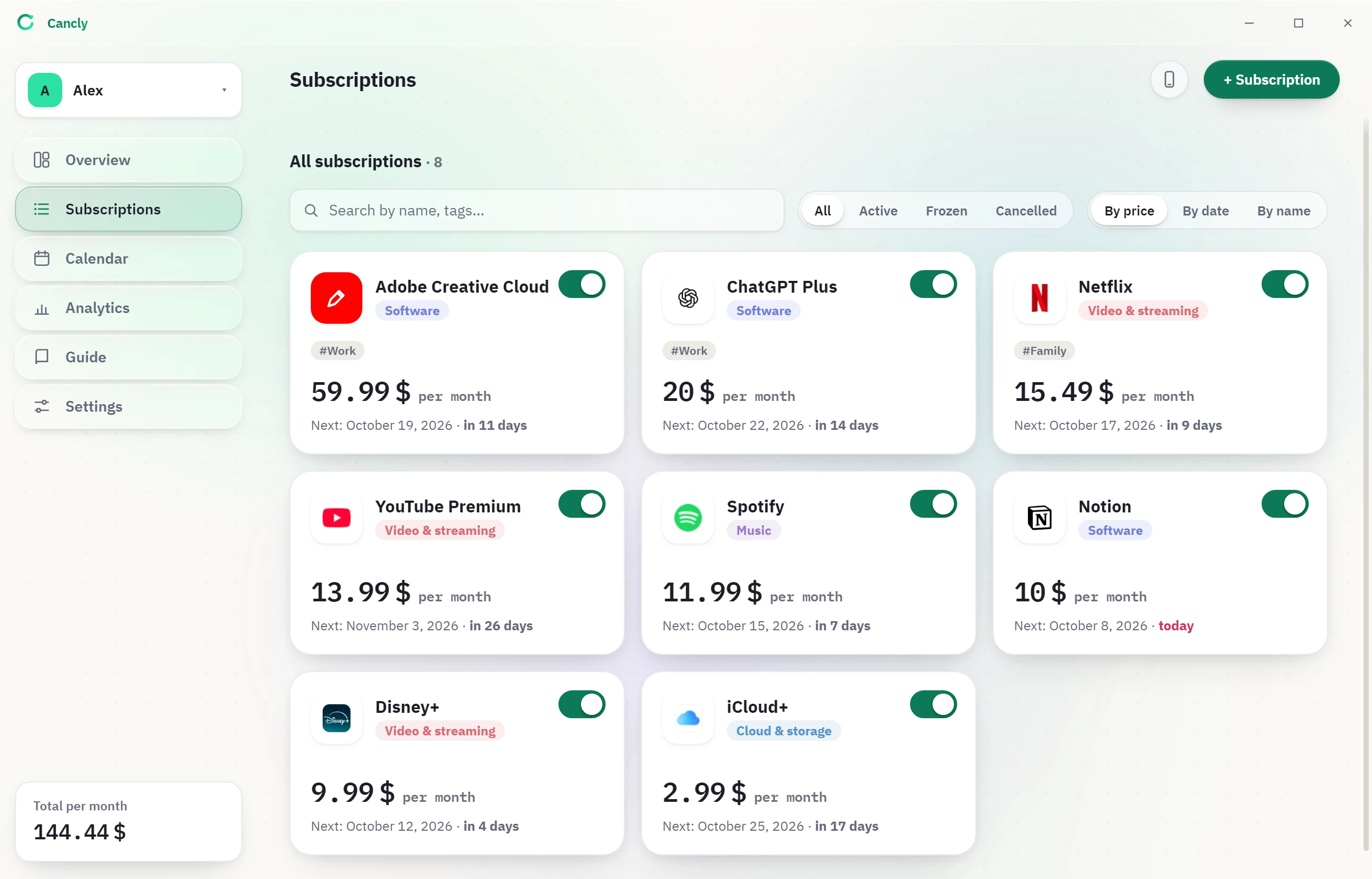 Cancly subscription list with search, filters and one card for each subscription