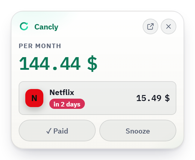 Cancly’s desktop reminder: Netflix charges in 2 days, with Paid and Snooze buttons